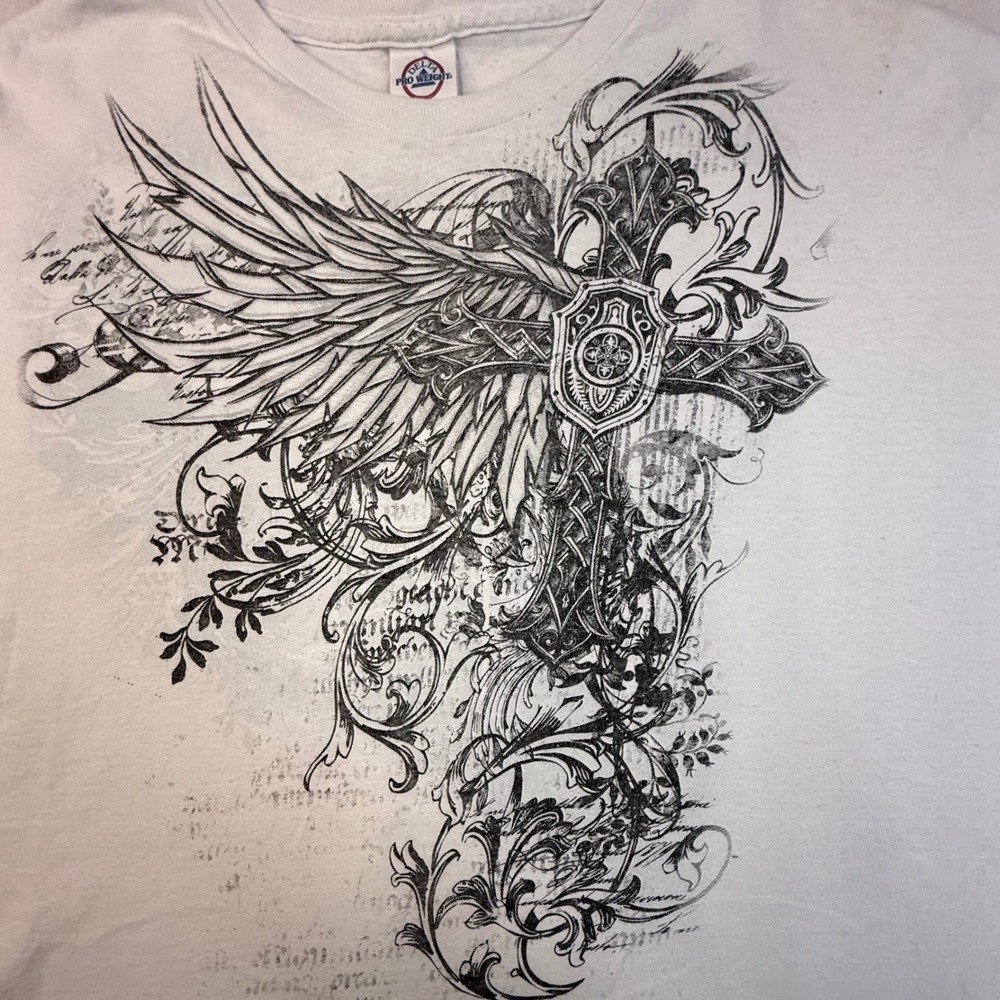 Mens 3XL White Graphic T-Shirt Cross Wings Y2K‎ Grunge Cotton affliction style
